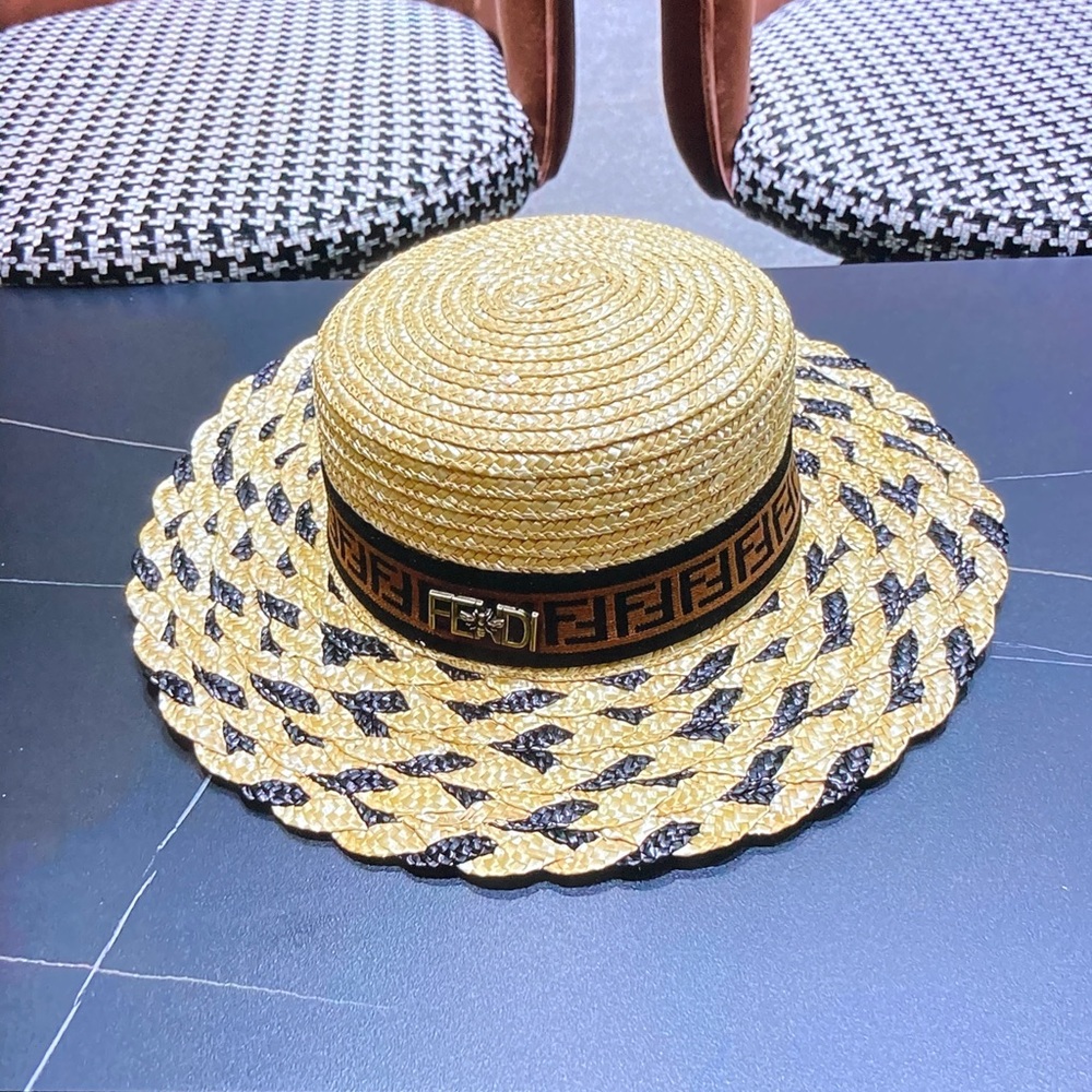 Fendi FF Logo Patterned Straw Boater Hat